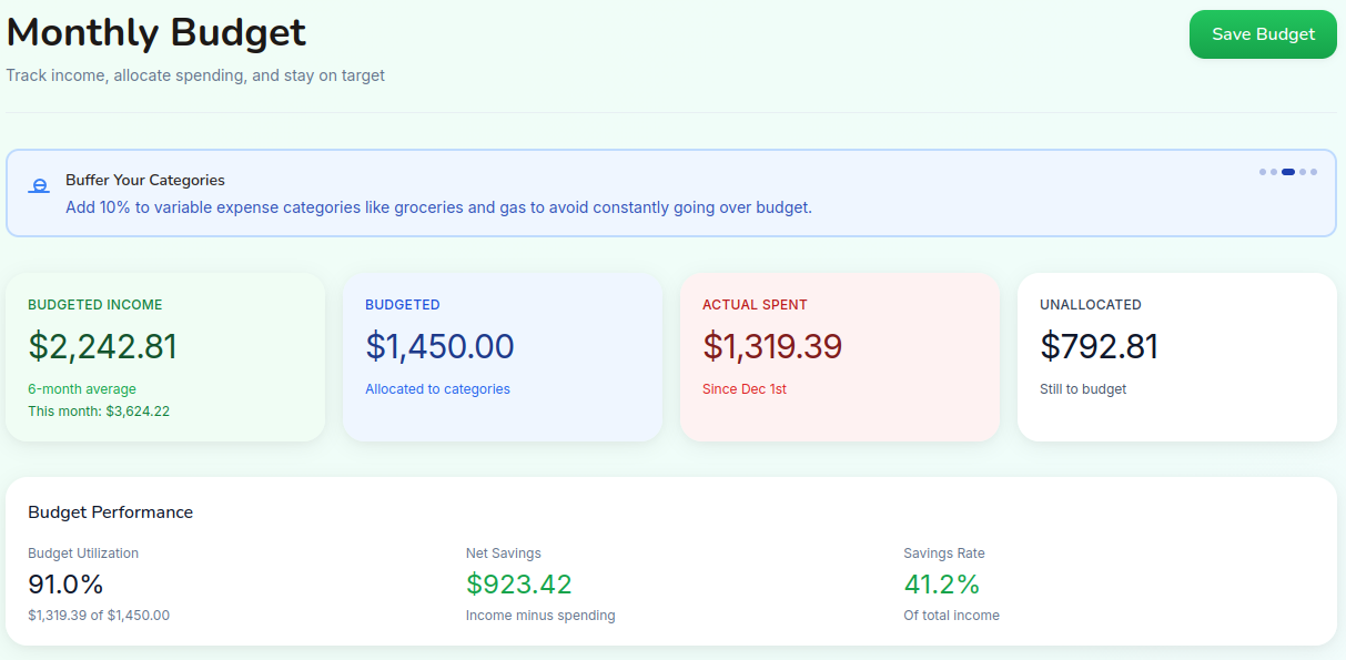 Monthly budget overview with category progress bars, rollover logic, and overspend indicators