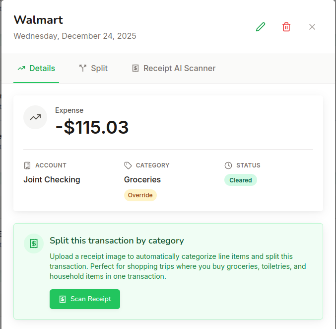 Transaction detail view showing rich editing capabilities, category assignment, notes, tags, and transaction history