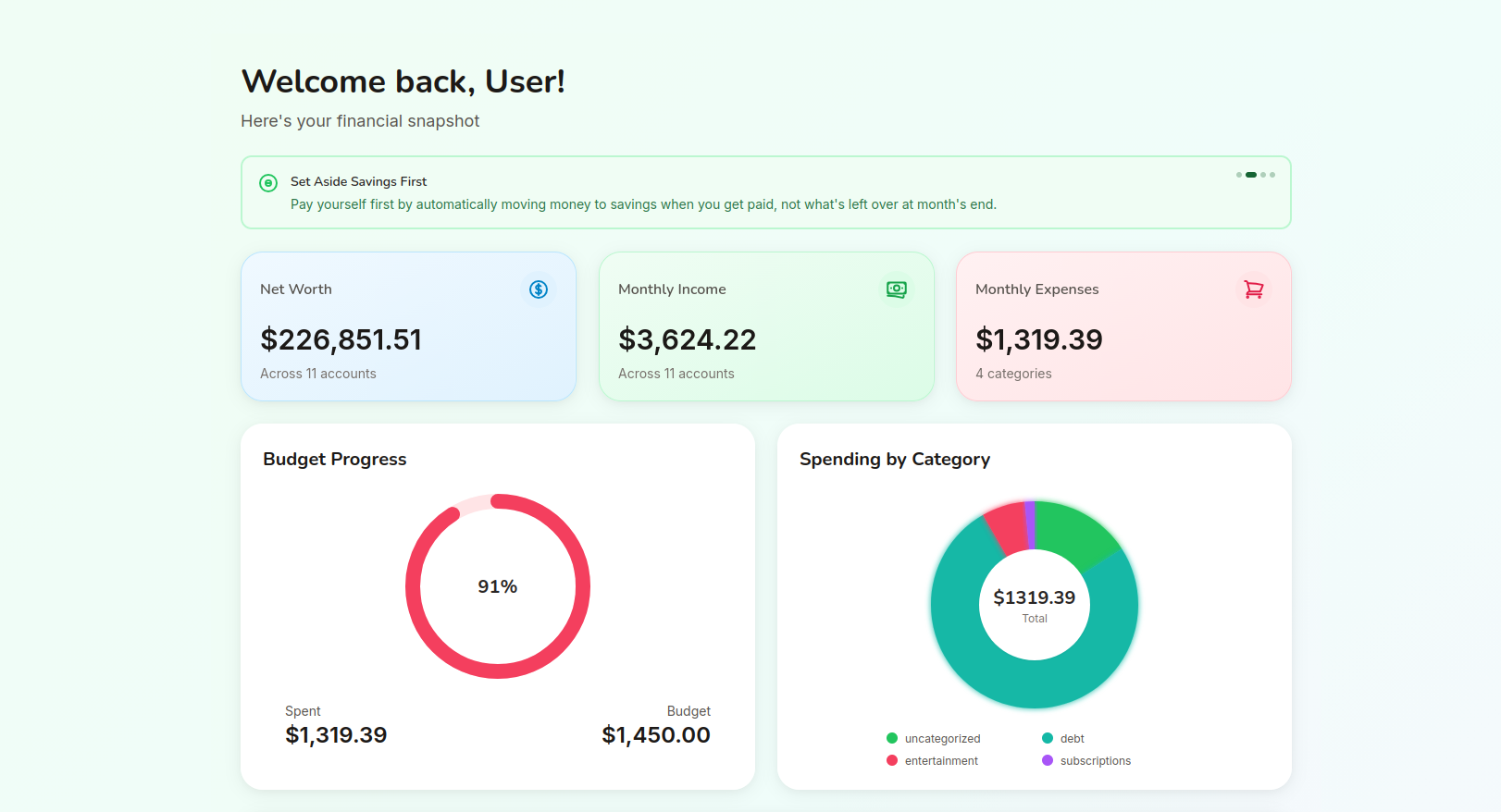 Forecast dashboard showing remaining budget, cash on hand, upcoming bills, and key alerts