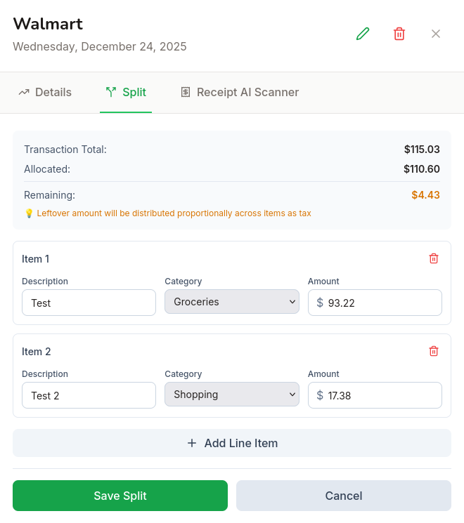 Manual split transaction interface showing how to divide a single transaction across multiple categories