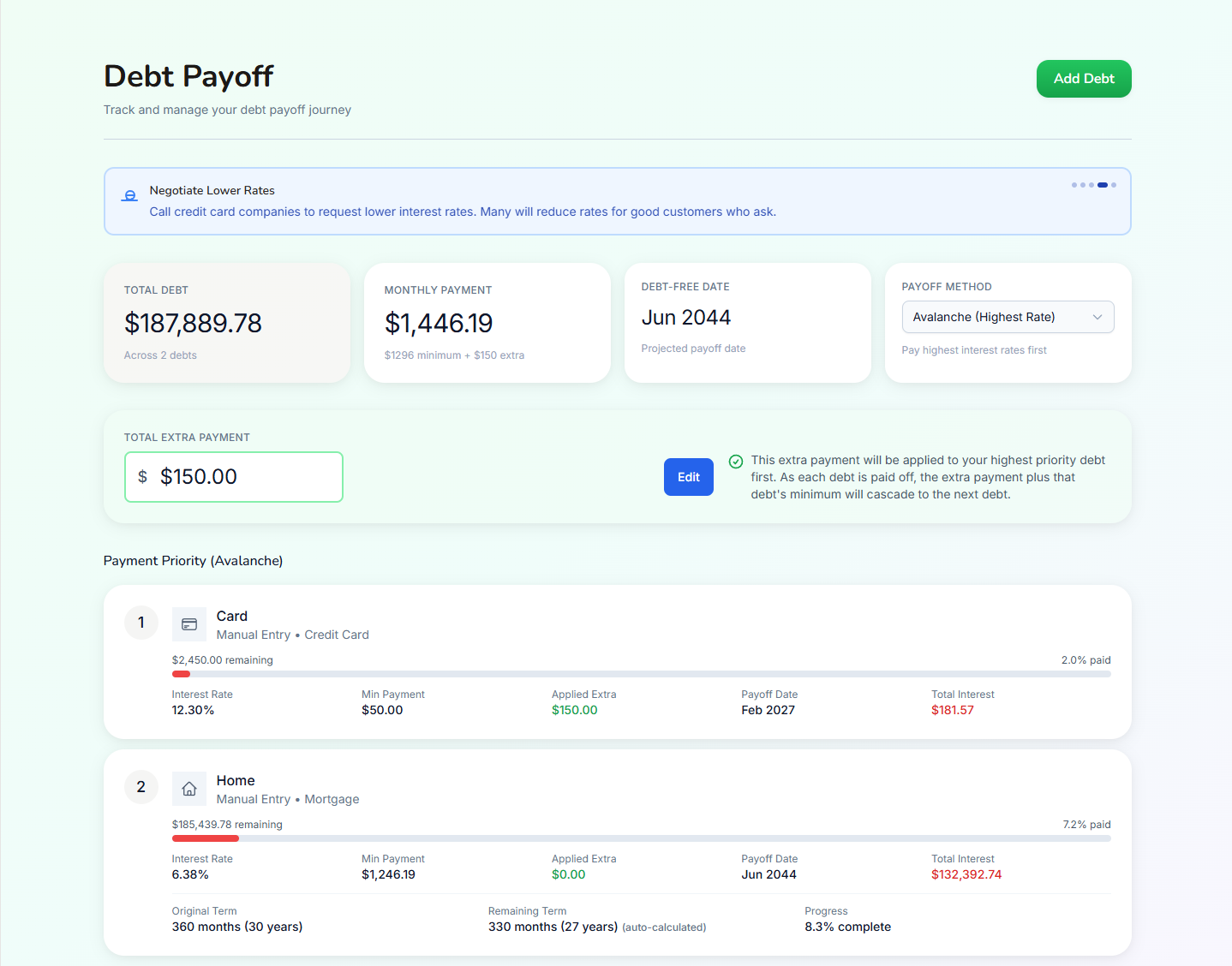 Personal finance app interface showing simple budget tracking, clear spending categories, and automated transaction imports for easy money management